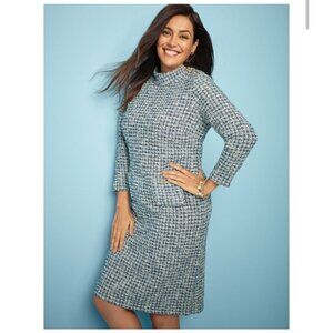 Talbots Button Detail Tweed Shift Dress Size XL Blue/White Mockneck Career